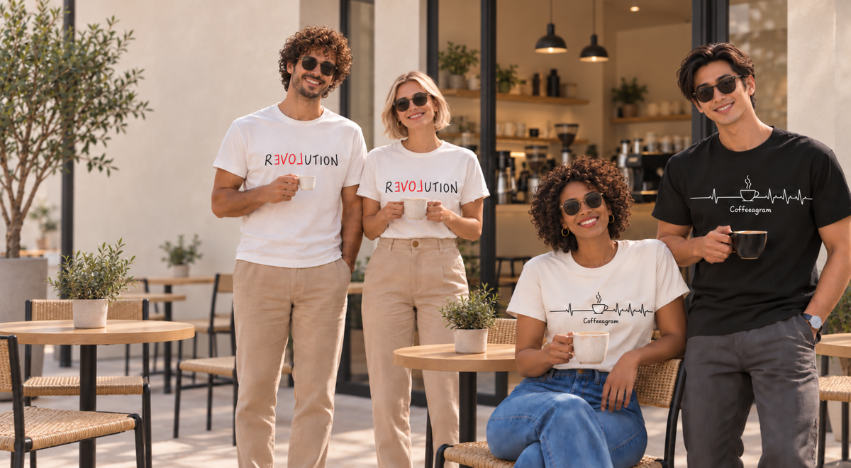 Four people wearing graphic t-shirts in a modern cafe setting. Two men stand on the left and right wearing white and black t-shirts with 'REVOLUTION' and 'Coffeeagram' printed on the chest. One woman stands with white T-shirt with 'REVOLUTION' and one woman sit on the chair with white t-sirts with "Coffeeagram" printed on the chest.