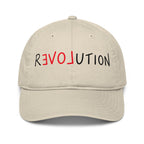 Natural cotton organic caseball cap with red and black Revolution artwork by Cliptures