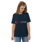 Woman wearing a antracyt organic cotton T-shirt with red and black Revolution artwork