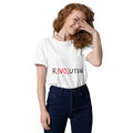 Woman wearing a white organic cotton T-shirt with red and black Revolution artwork